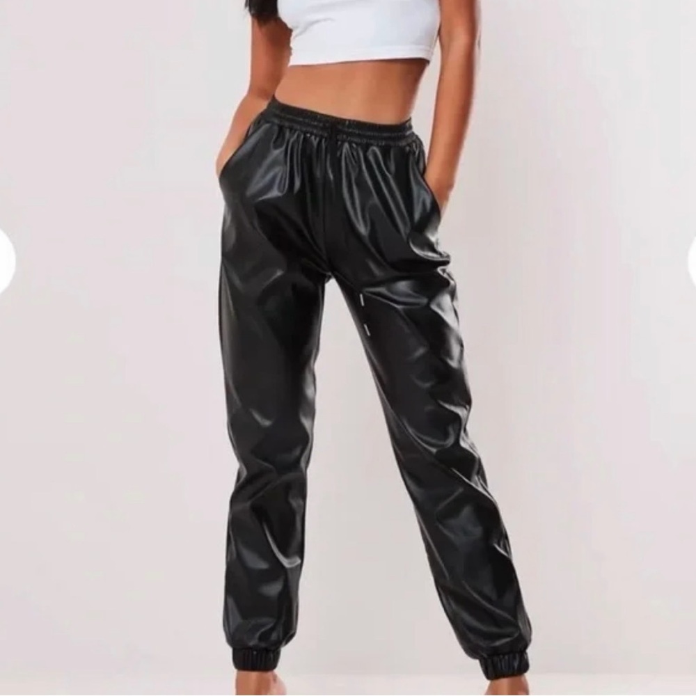 Missguided Black Solid Faux Leather Elastic Waist Joggers Track Pants 6